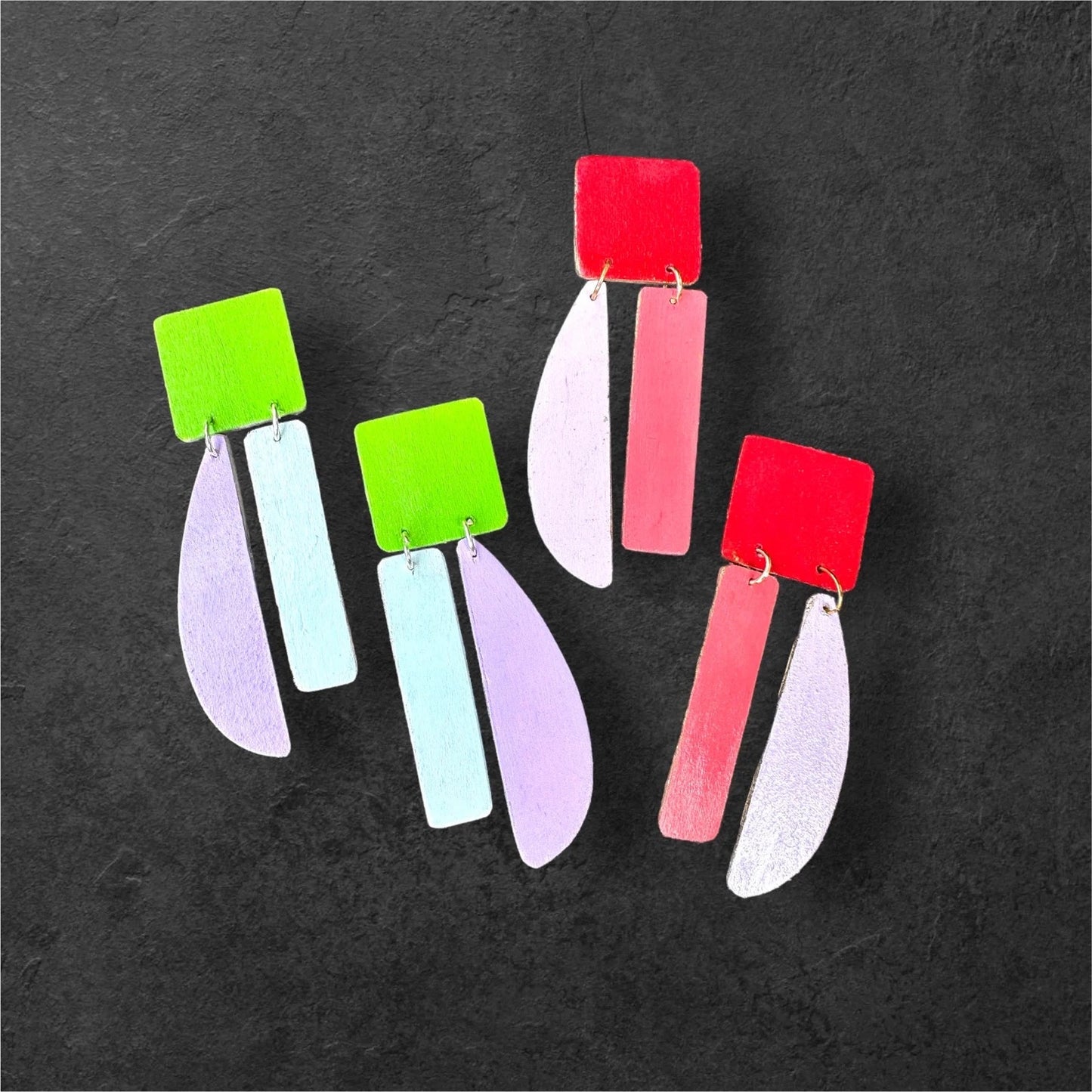 Vibrant Asymmetrical Earrings - Green, Blue and Lilac