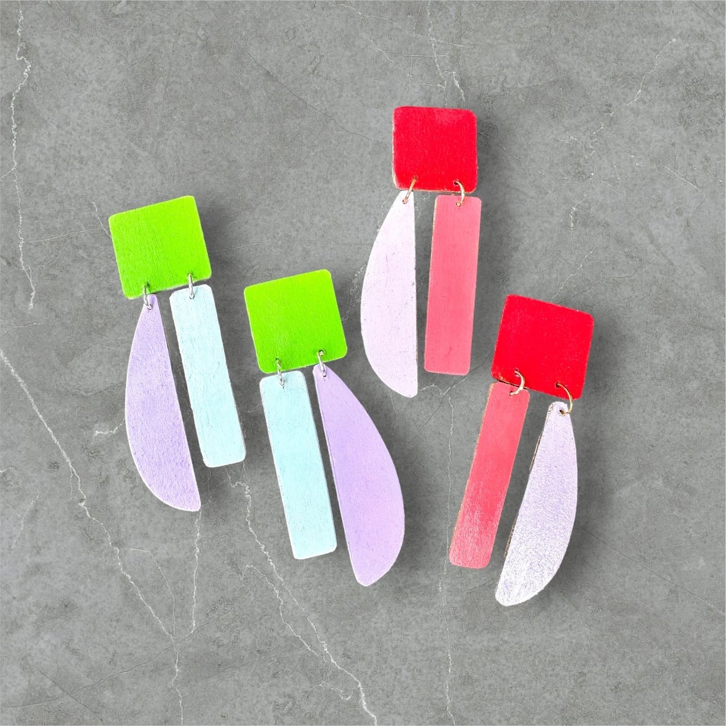 Vibrant Asymmetrical Earrings - Green, Blue and Lilac