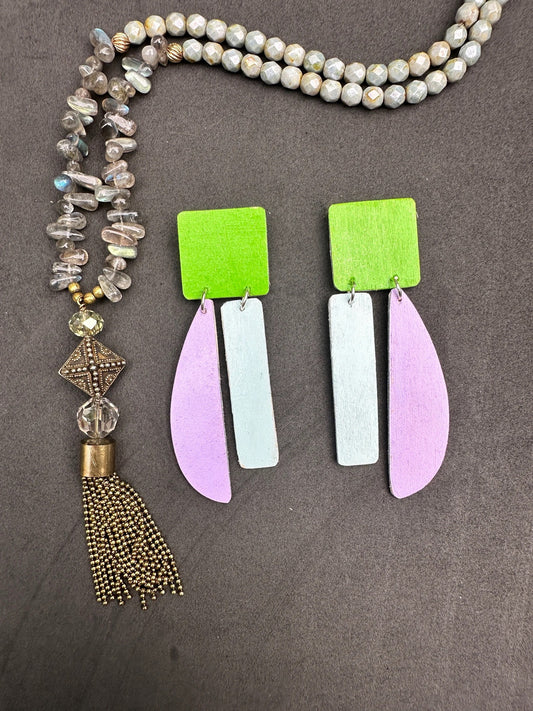 Vibrant Asymmetrical Earrings - Green, Blue and Lilac