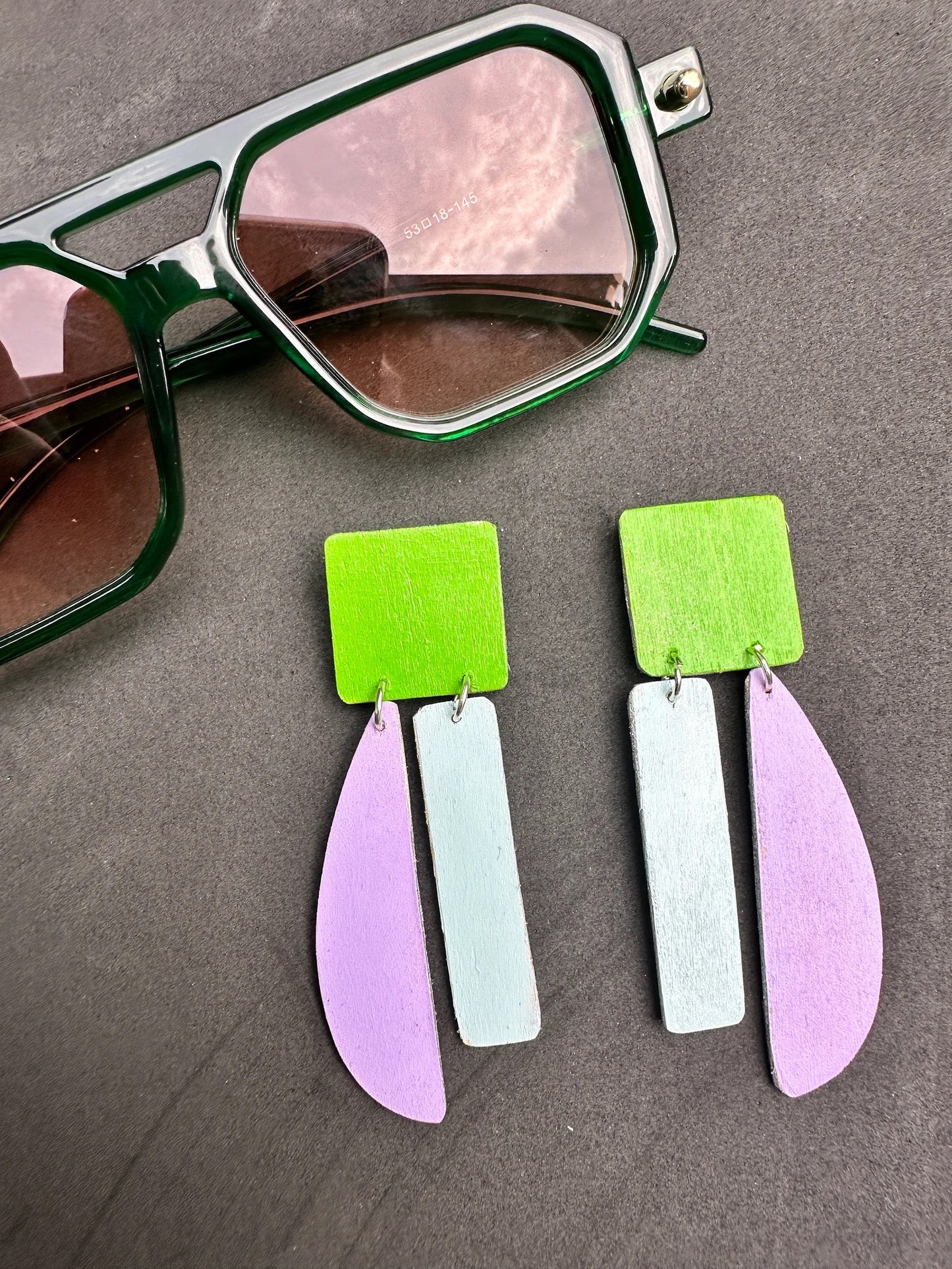 Vibrant Asymmetrical Earrings - Green, Blue and Lilac