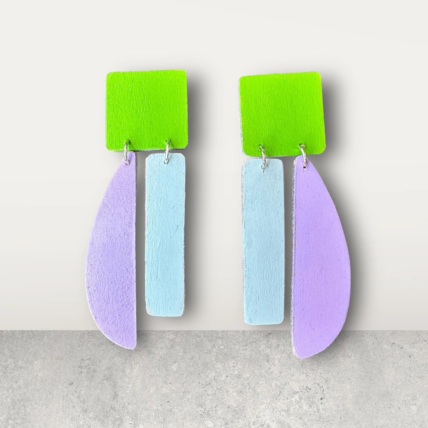 Vibrant Asymmetrical Earrings - Green, Blue and Lilac