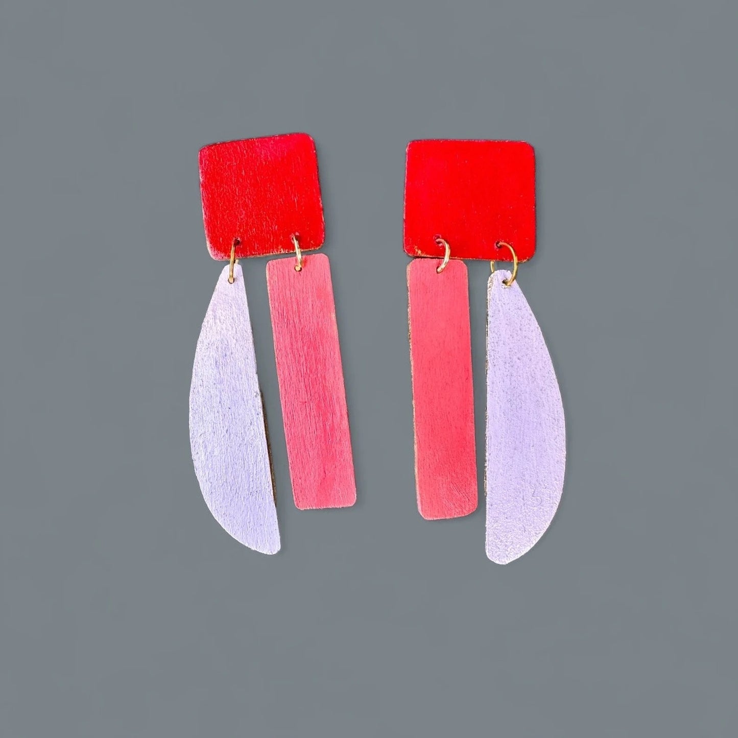 Vibrant Asymmetrical Earrings - Red, Coral and Lilac