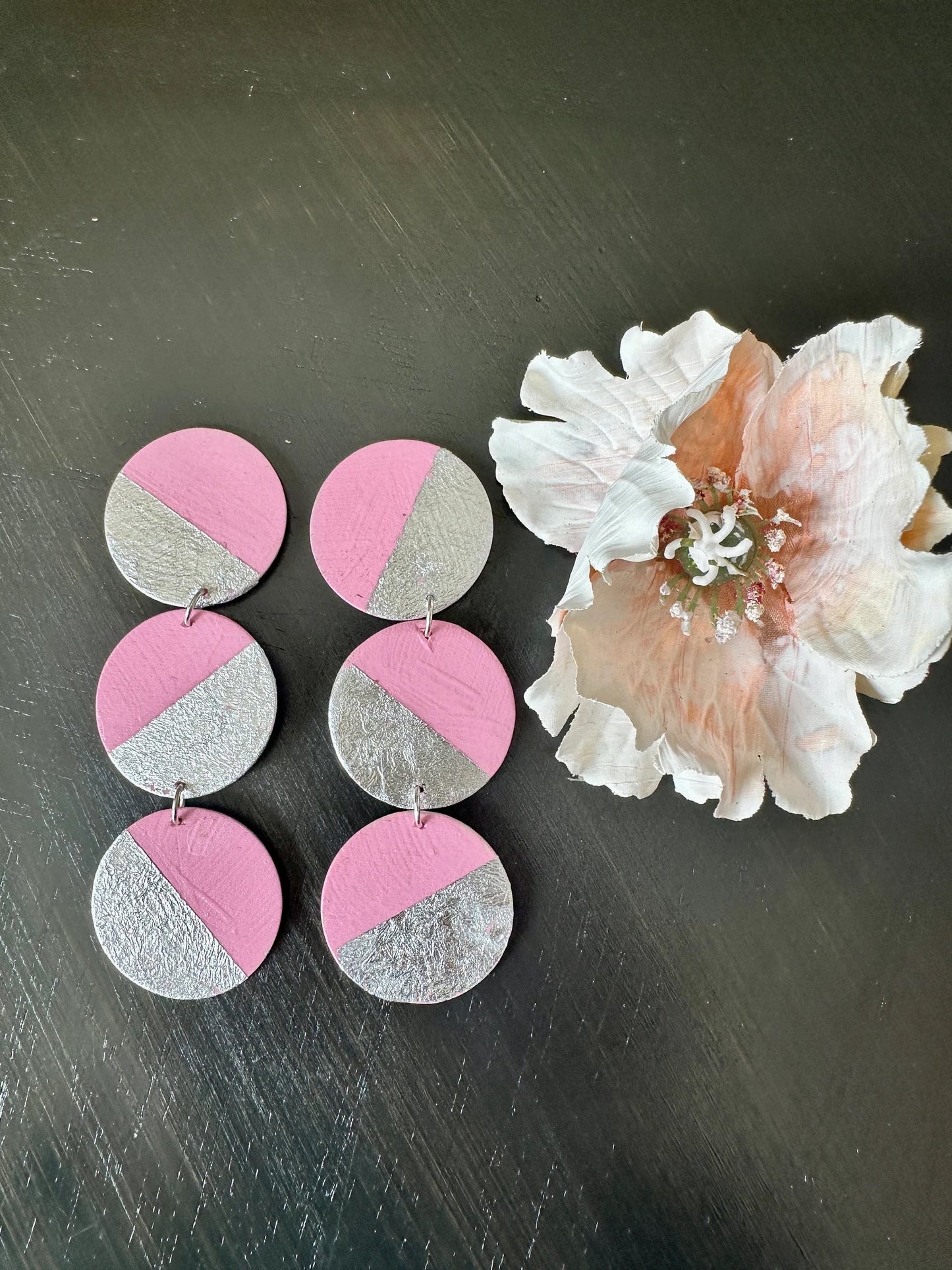 Pink and Silver Hand Painted Earrings