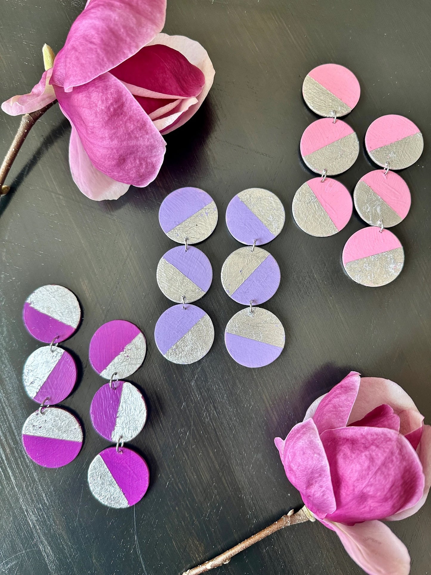 Pink and Silver Hand Painted Earrings