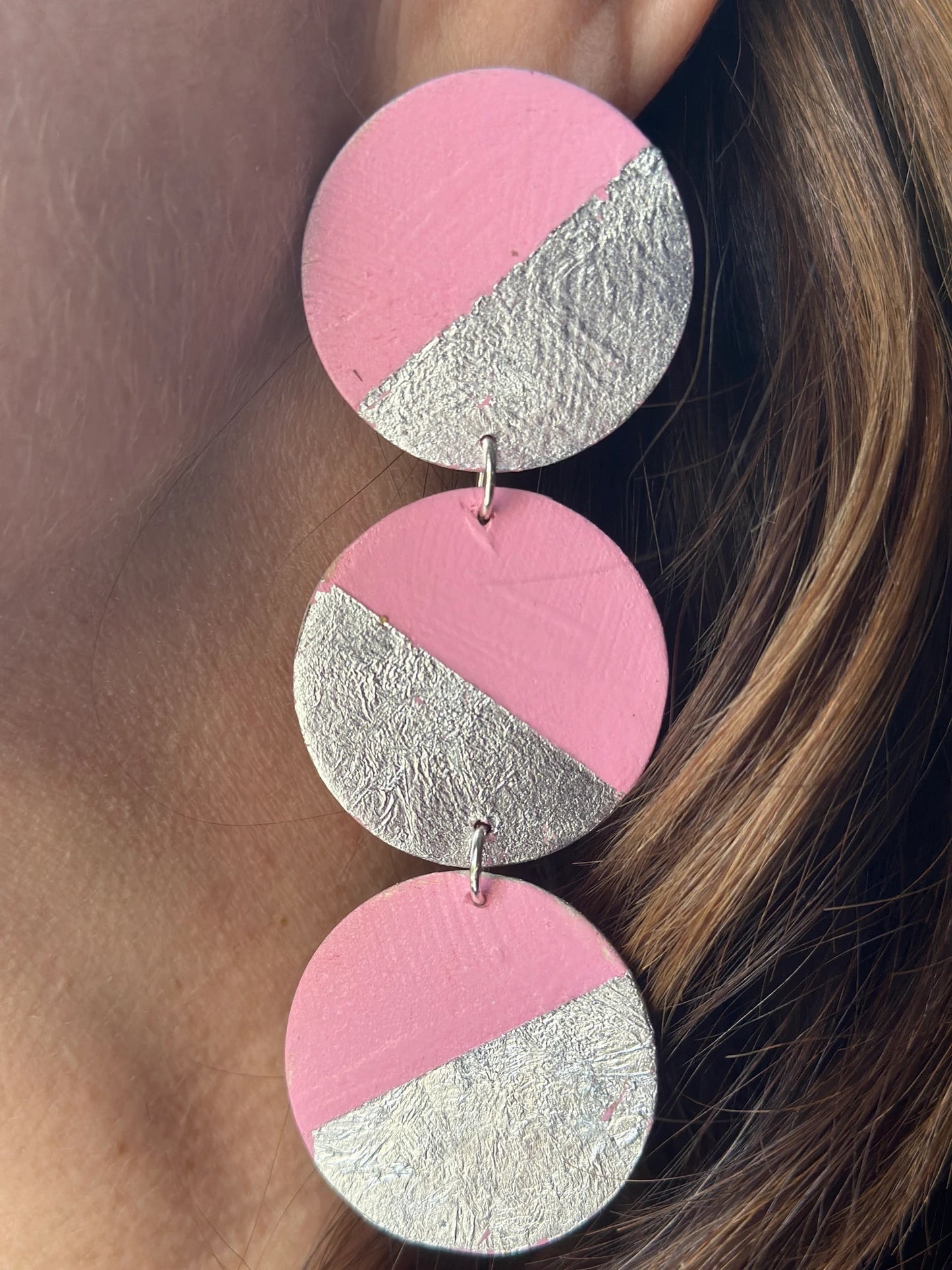 Pink and Silver Hand Painted Earrings