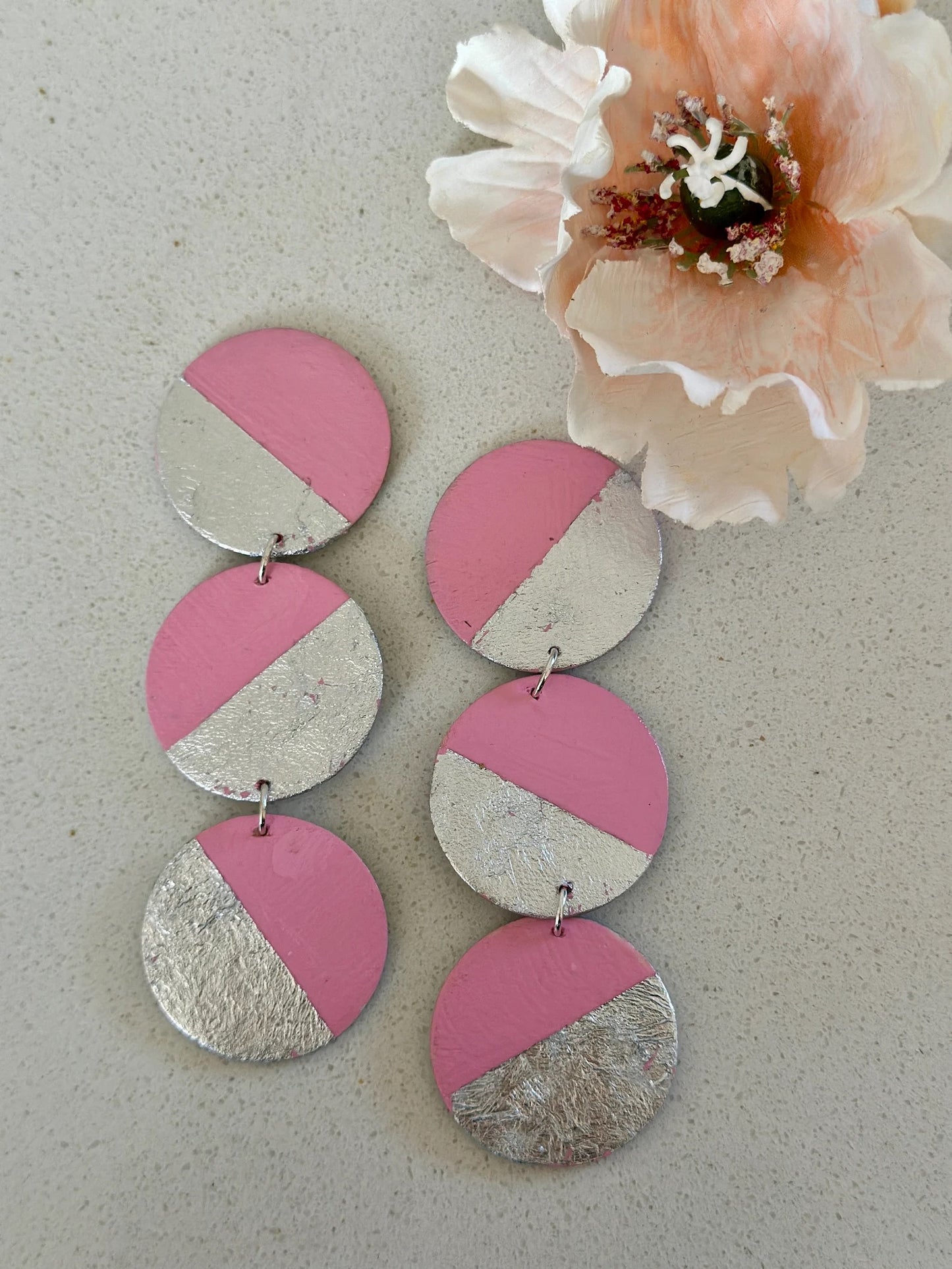 Pink and Silver Hand Painted Earrings