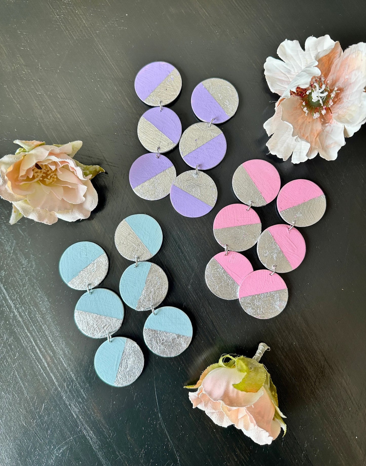 Pink and Silver Hand Painted Earrings