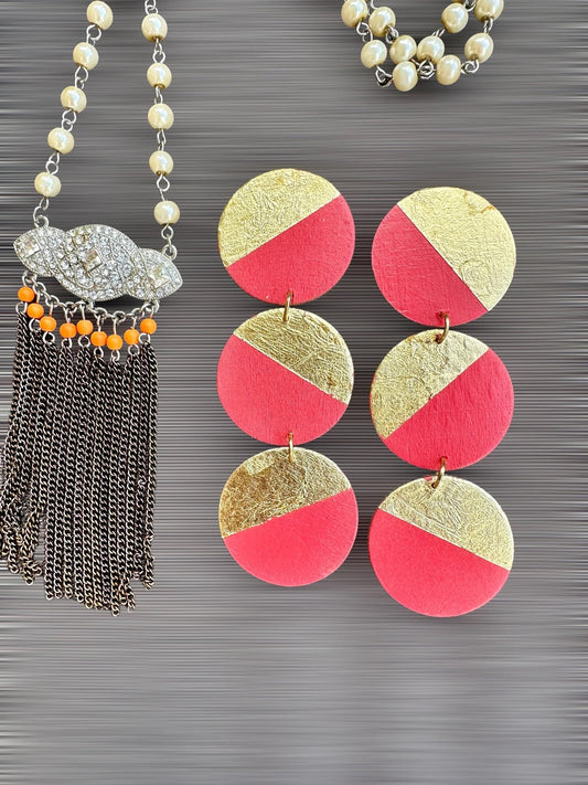 Coral Red and Gold Statement Earrings